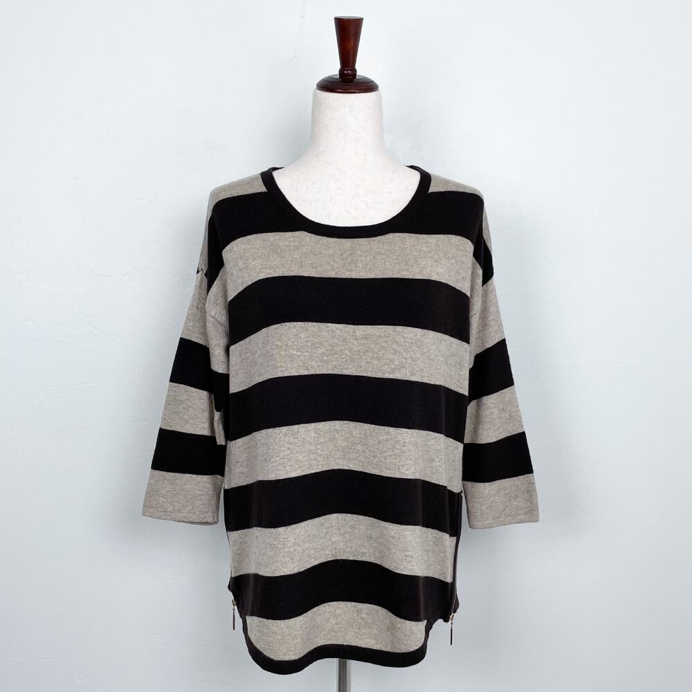 Sioni Studio Angora Cashmere Blend Brown Striped Equestrian Knit Sweater MEDIUM